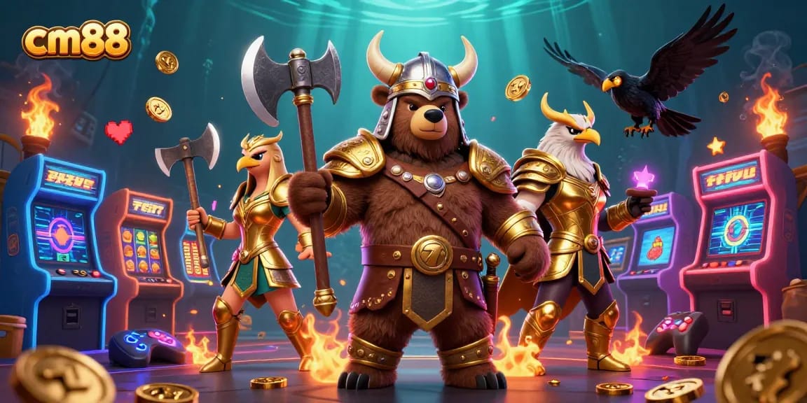 Play thrilling slots at cm88 with a dynamic Viking bear and Valkyrie eagle in a colorful casino setting.
