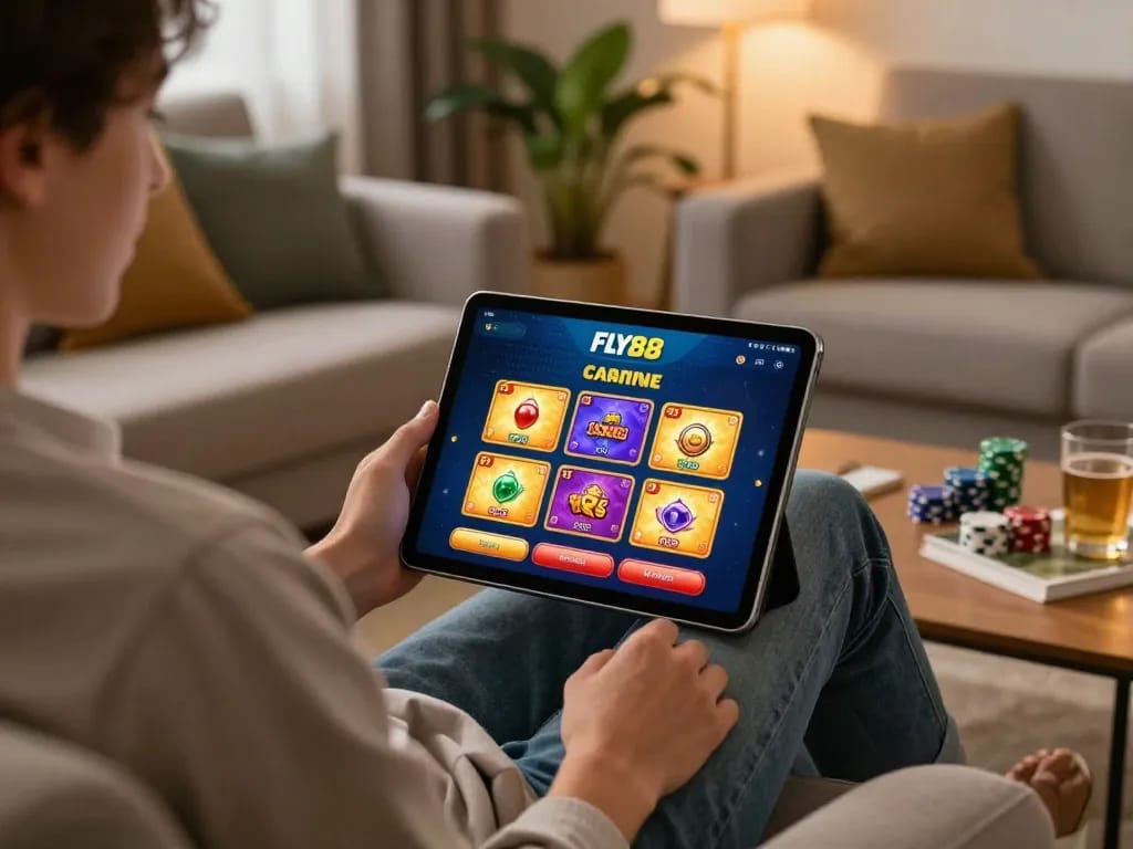 Player using FLY88 app on tablet for exciting online gambling experience with cozy home setting