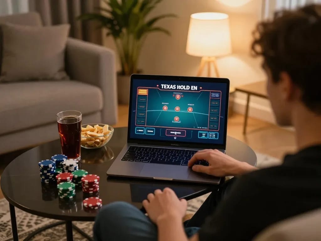 Engage in strategic online poker gameplay with fun79 on a comfortable couch.
