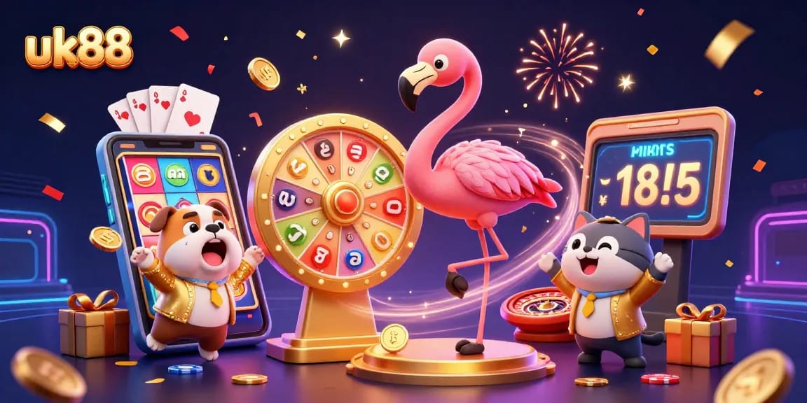 Engage in exciting gameplay at uk88 with vibrant 3D illustrations showcasing a cartoon game show host and buzzing prizes.
