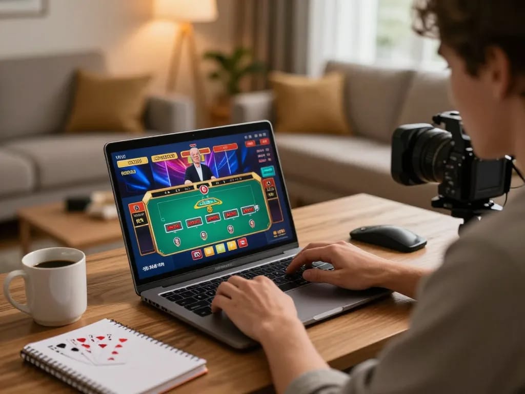 Engaging online casino gameplay on a laptop showcasing bom88 live dealer games.