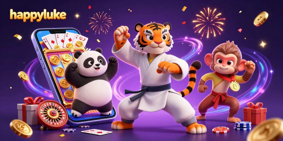 Experience the excitement of happyluke with a vibrant 3D casino scene showcasing dynamic characters and thrilling game elements.