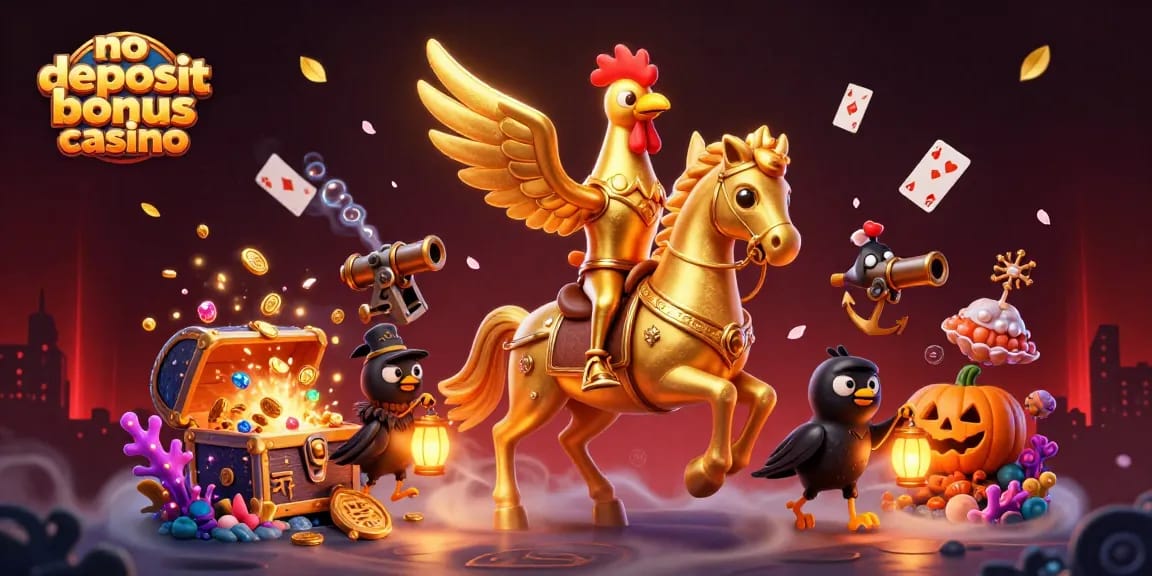 No deposit bonus casino showcases golden rooster riding a spectral horse in a vibrant casino environment.