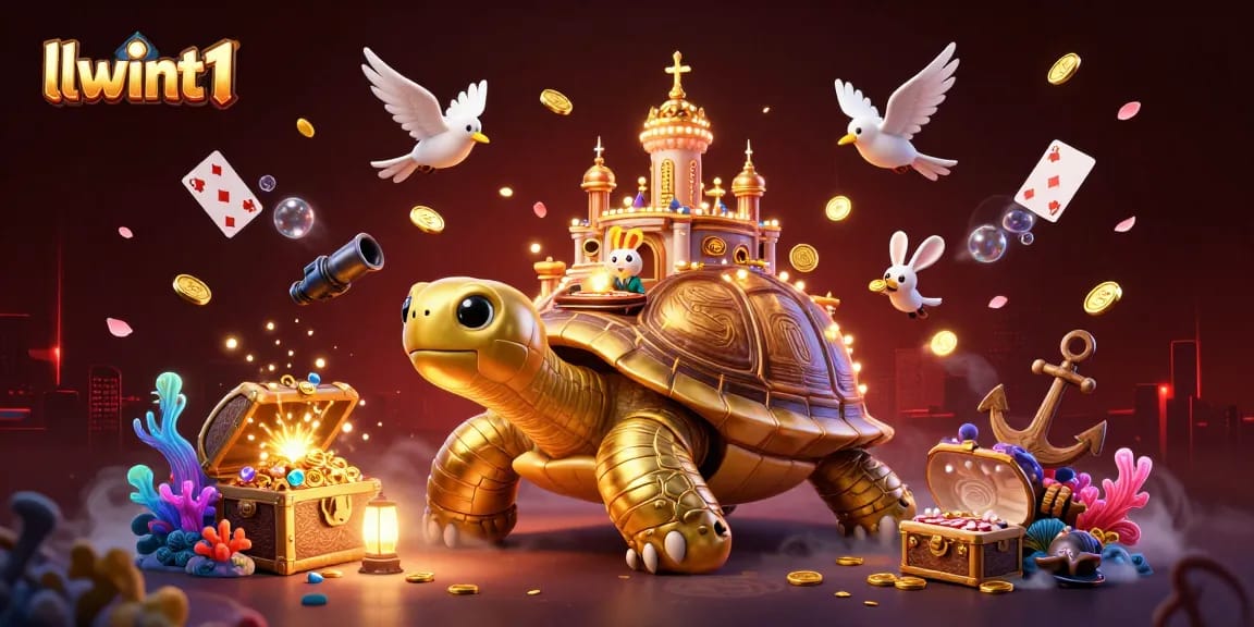 Experience thrilling gaming at llwint1 with a golden tortoise casino, vibrant colors, and dynamic characters.