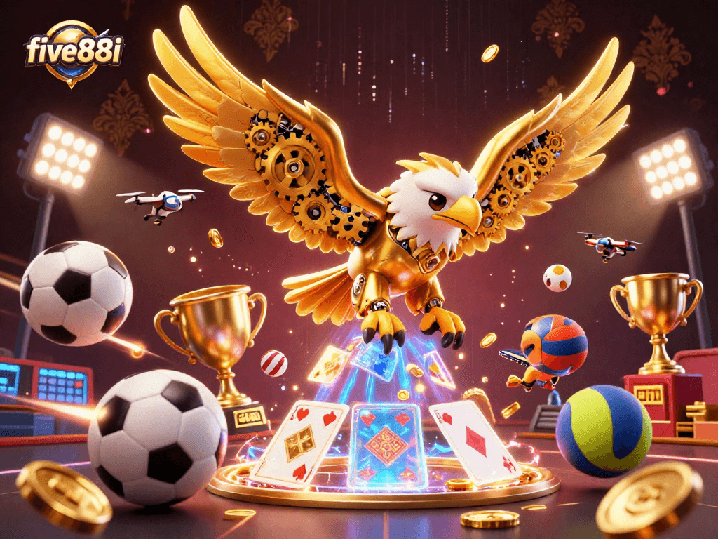 Experience thrilling moments with five88i in this vibrant 3D casino illustration showcasing a golden eagle and sports elements.