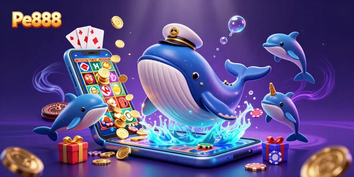 Experience Pe888 immersive underwater casino scene featuring a whale, narwhal, and playful dolphins.