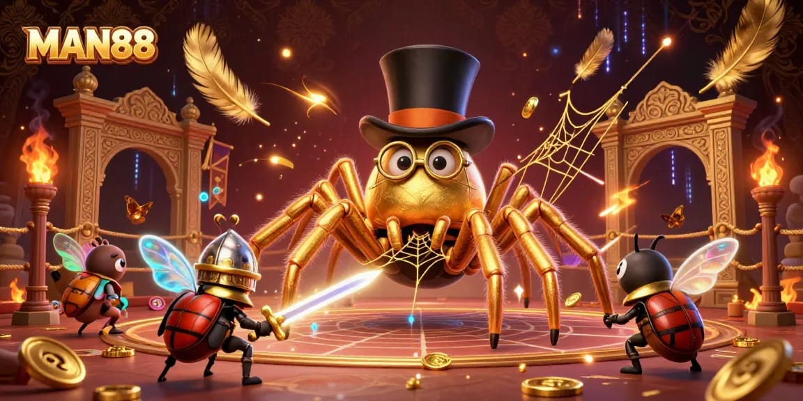 Experience the vibrant thrill of MAN88 with a dynamic 3D illustration featuring gambling characters and casino elements.