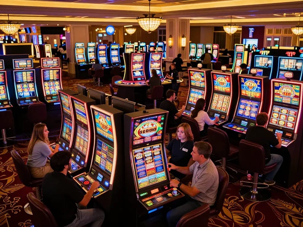 Players enjoying Da88 slot machines with colorful displays and lively atmosphere in a vibrant casino