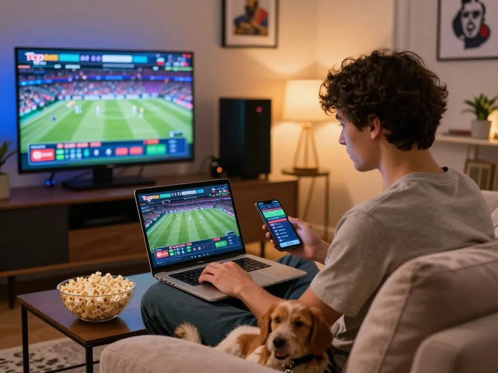 Engaging online betting scene featuring Topbet on a laptop in a cozy home setting.