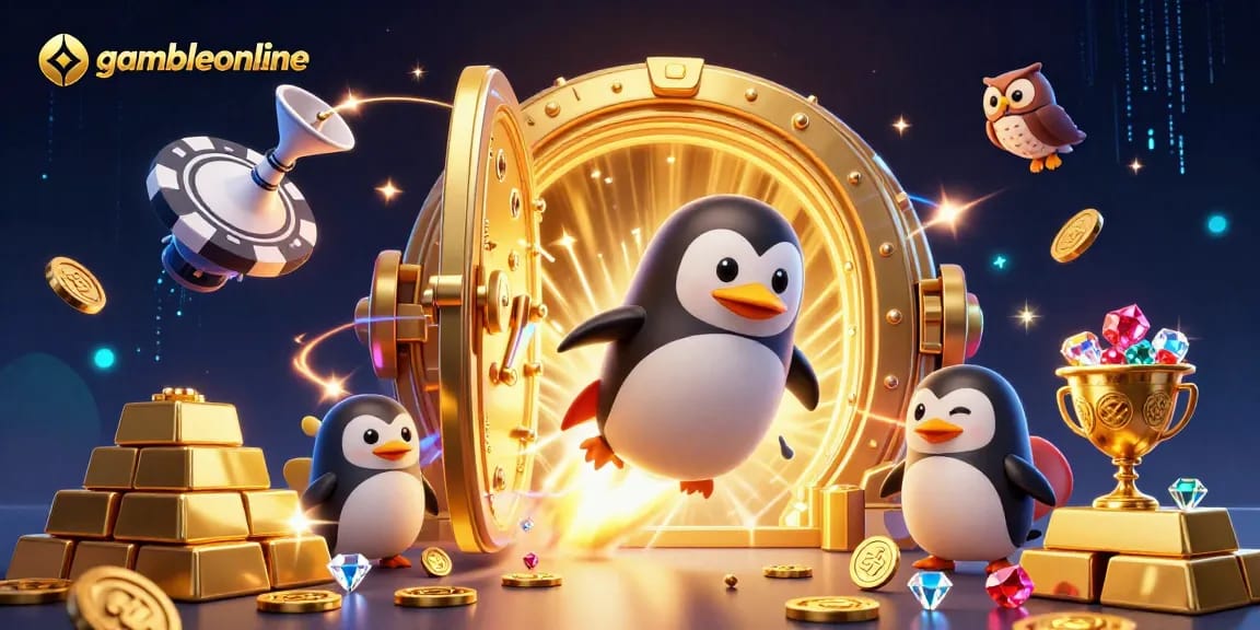 Engage with gambleonline: A golden penguin soaring towards a casino station, surrounded by treasures.