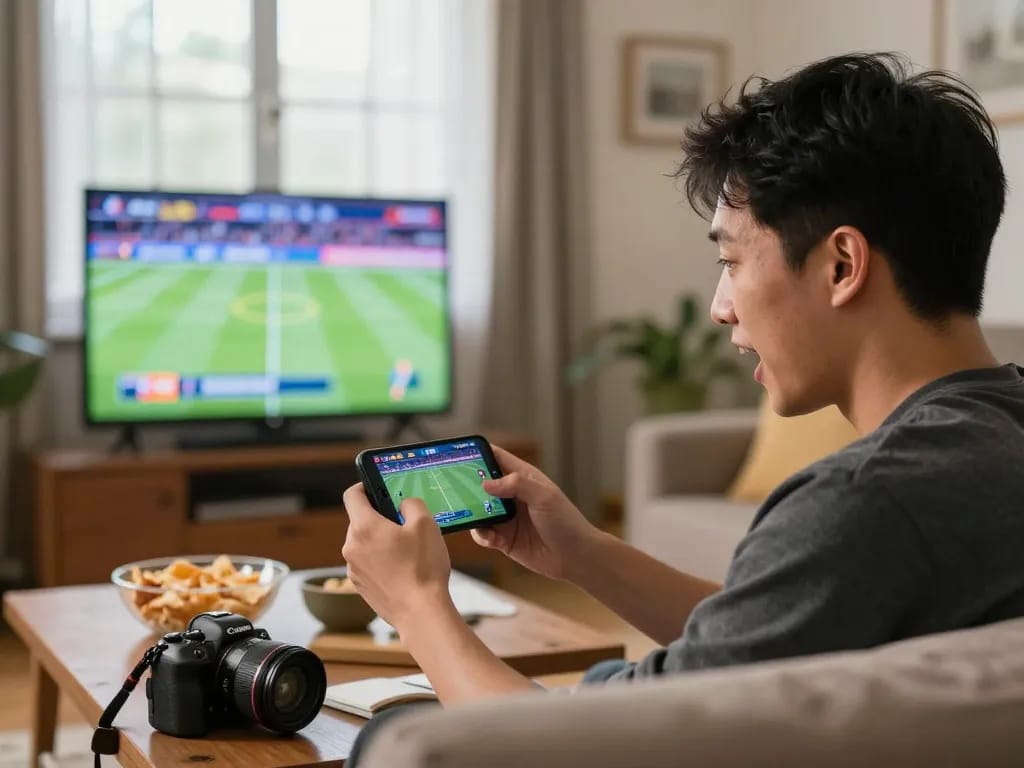 KQBD scores displayed on smartphone while an excited sports fan watches live, capturing the essence of at-home betting.