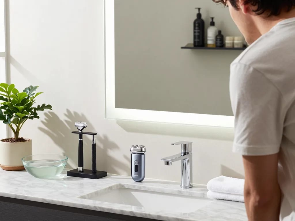Laifen shaver elegantly displayed in modern bathroom setting during morning grooming routine.