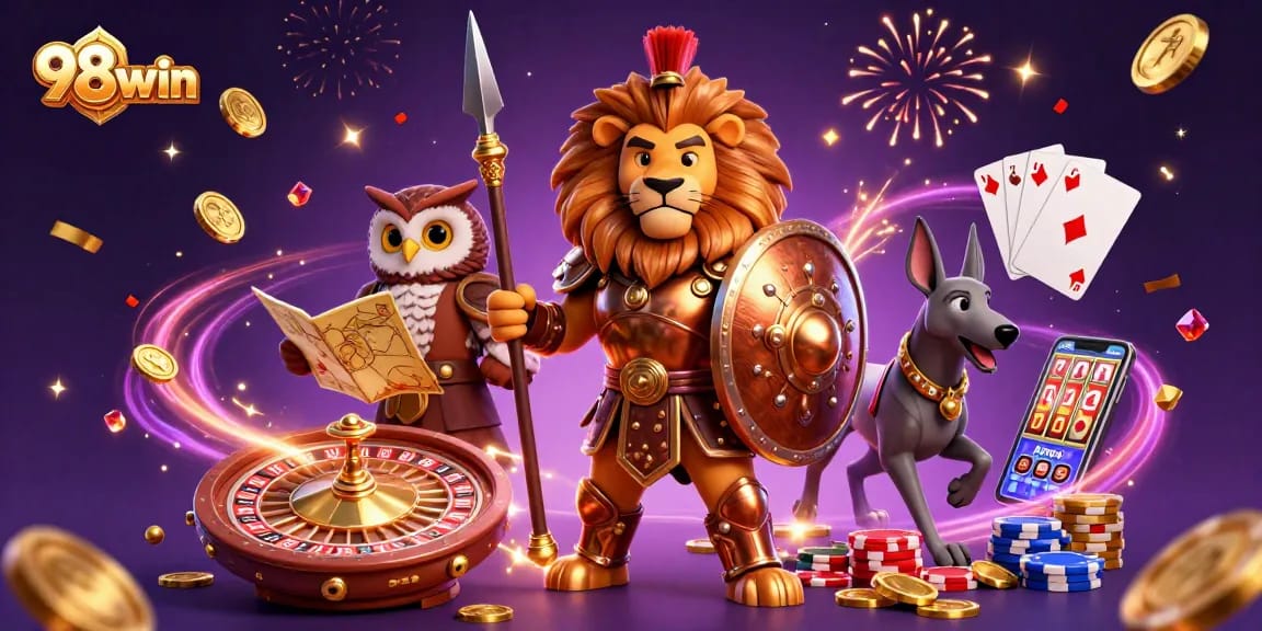 Experience thrilling gameplay with 98win featuring energetic characters, spinning roulette, and sparkling treasures.