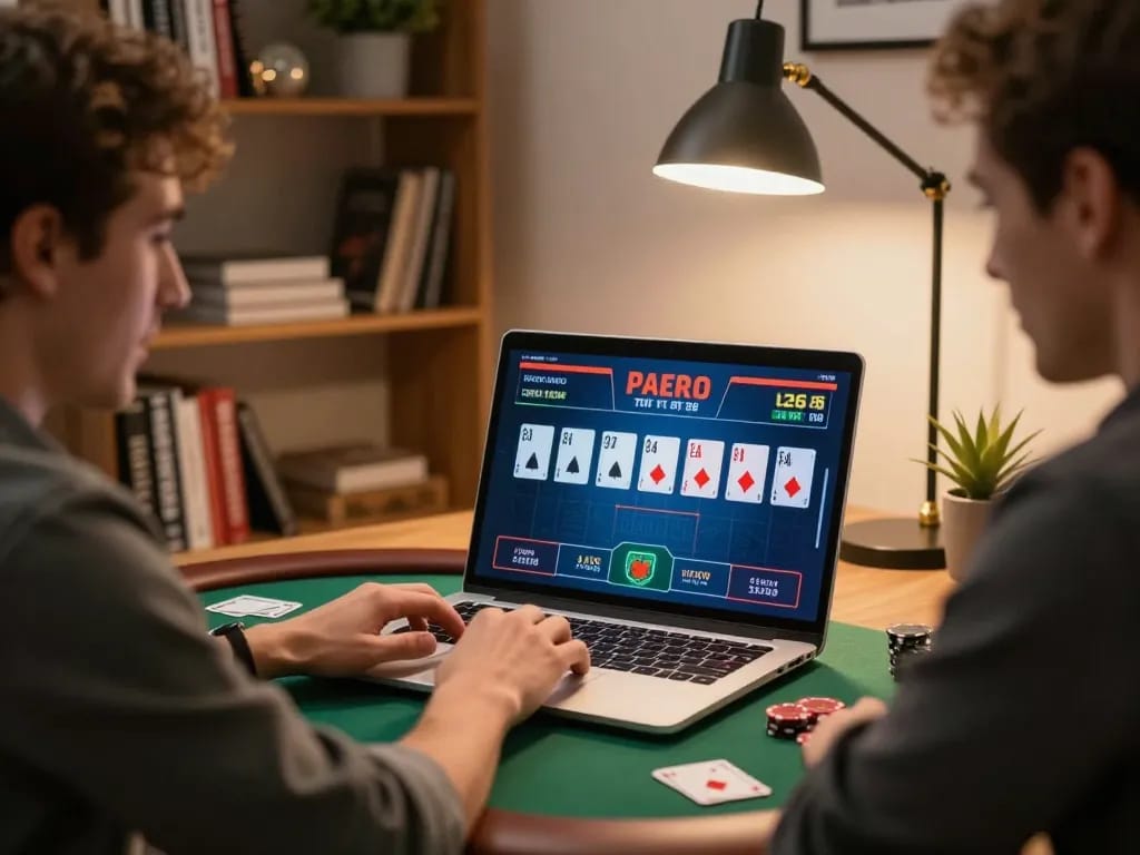 Player actively betting in KWIN online poker game at stylish home office, showcasing warmth and excitement