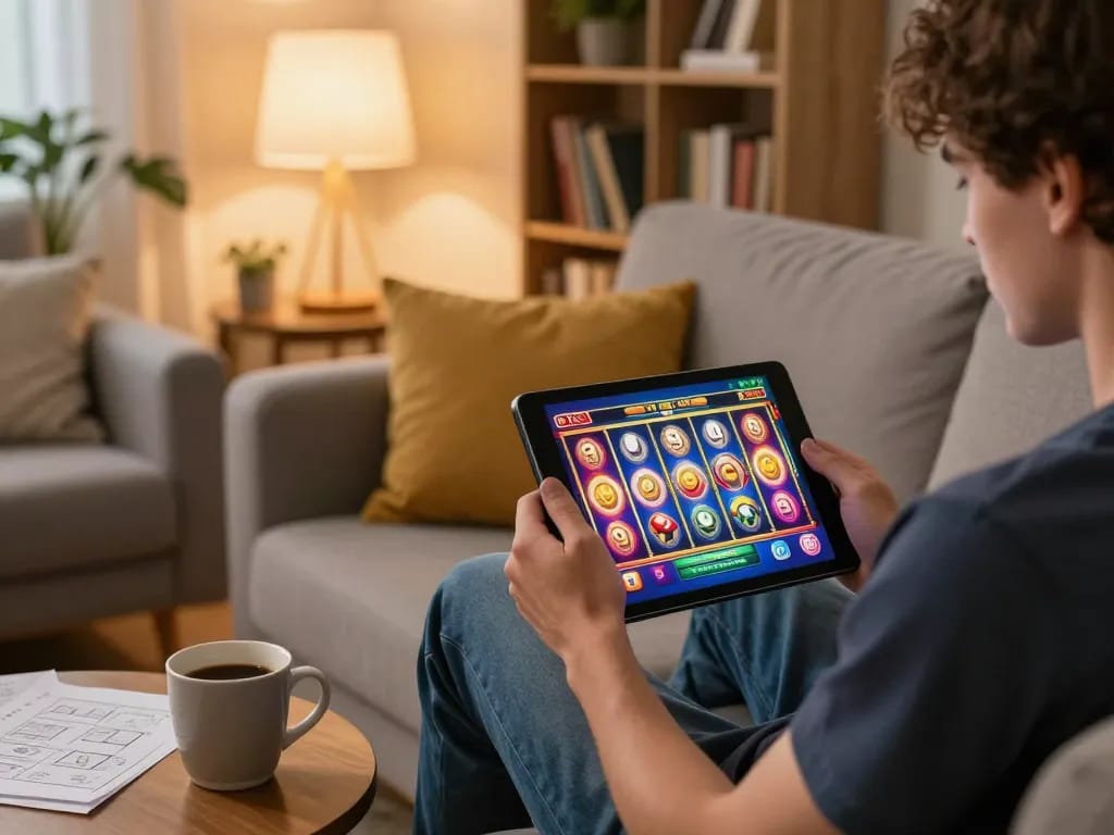 Engaging in Đăng ký Tic88 at home with a tablet showing slot game interface and cozy setting.