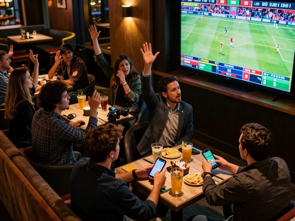 Engaged sports bettors using keonhacaii app to place bets while watching live games in a vibrant sports bar.