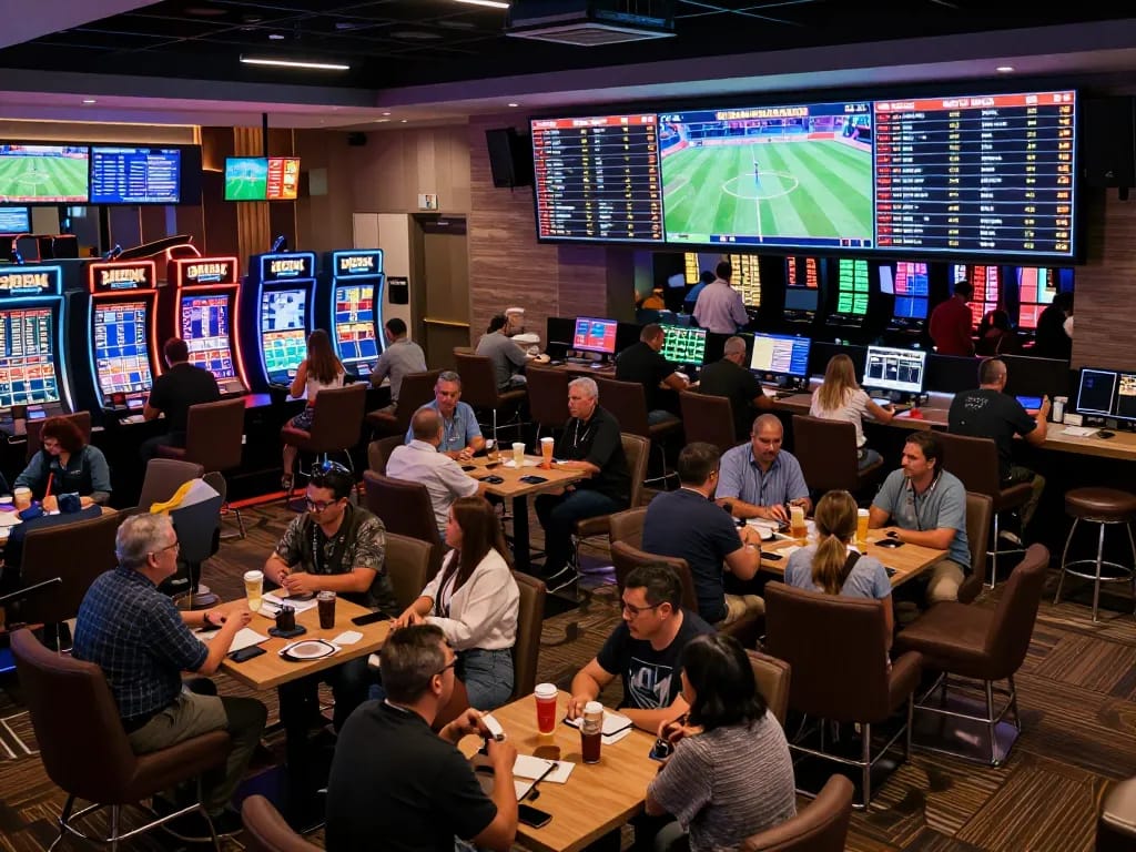 BL555 bettors analyzing odds in an exciting sports betting lounge, capturing dynamic atmosphere and engagement