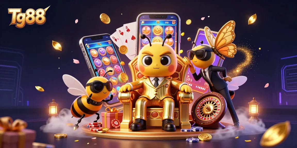 Tg88 brings excitement with cartoon mob boss and butterflies in a dynamic casino scene.