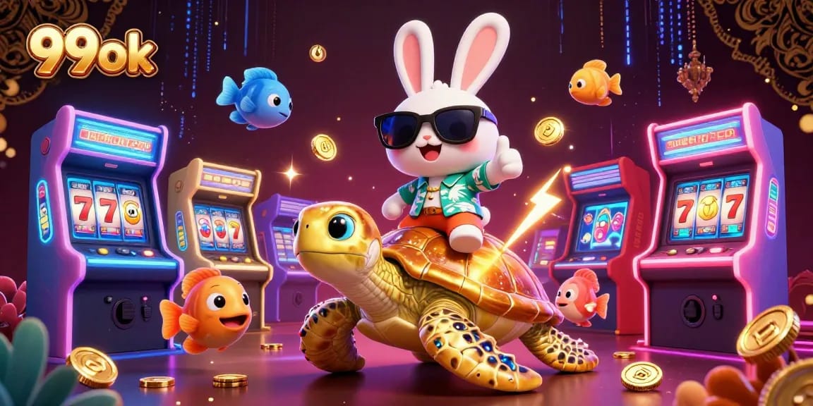 Join the fun at 99ok with exciting games and vibrant casino elements in a 3D illustration.