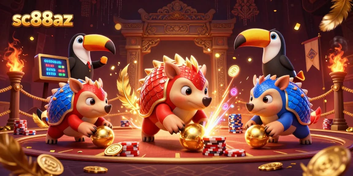 Engage in the thrilling sc88az gaming arena with cartoon pangolins competing amid golden coins and poker chips.