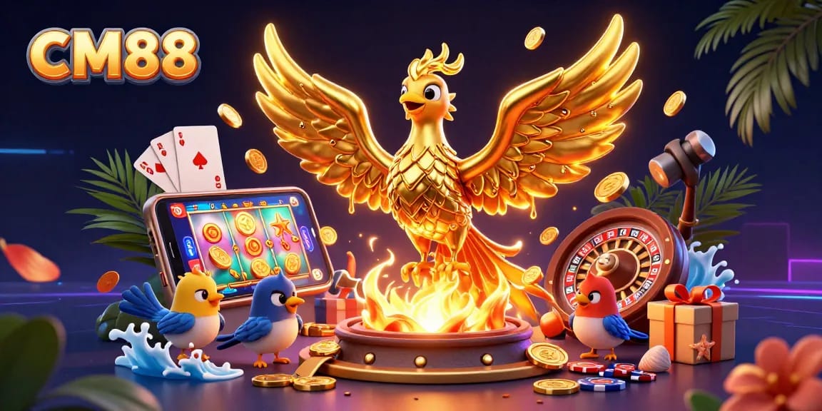 Experience the thrilling world of CM88 with a majestic golden phoenix amidst exciting casino games.