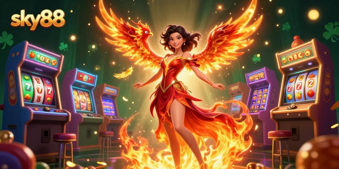Experience the excitement of sky88 casino with a stunning illustration showcasing vibrant slot machines, 3D characters, and a fiery phoenix.