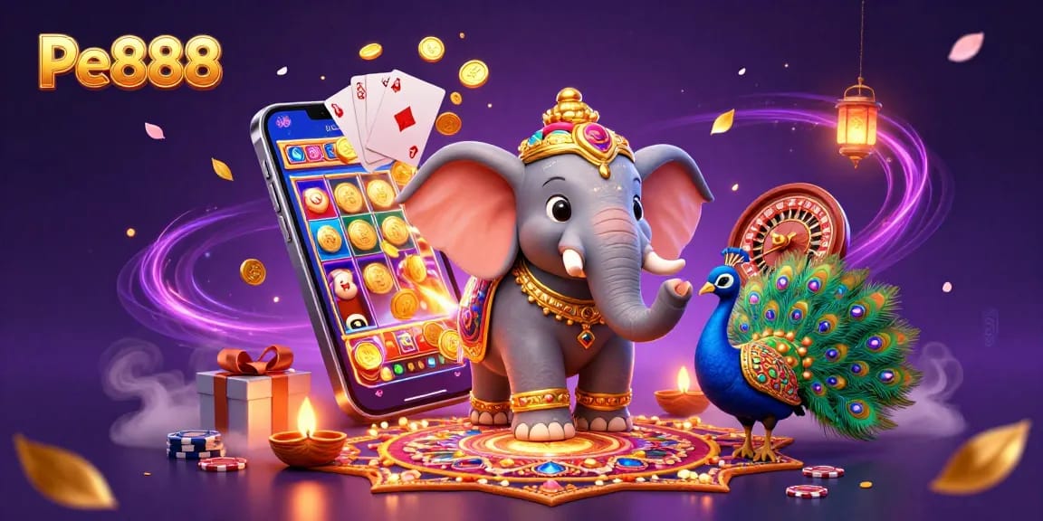 Experience Pe888 gameplay with the vibrant Diwali-themed casino scene, featuring an elephant and peacock amidst enchanting game elements.