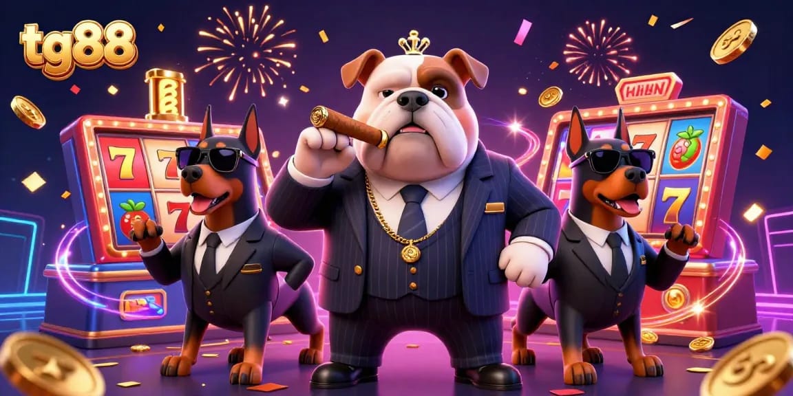 Engage with tg88 in a thrilling online casino scene featuring a mafia bulldog and dynamic slot elements.