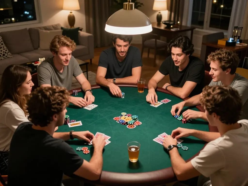 Group enjoying a dynamic poker game at home, highlighting the excitement of dabet in their friendly competition.