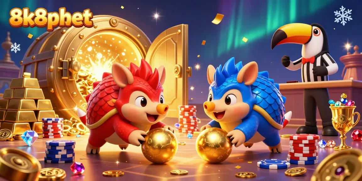 Engage in thrilling gameplay at 8k8phbet as pangolins race through poker chips, celebrating casino wins.