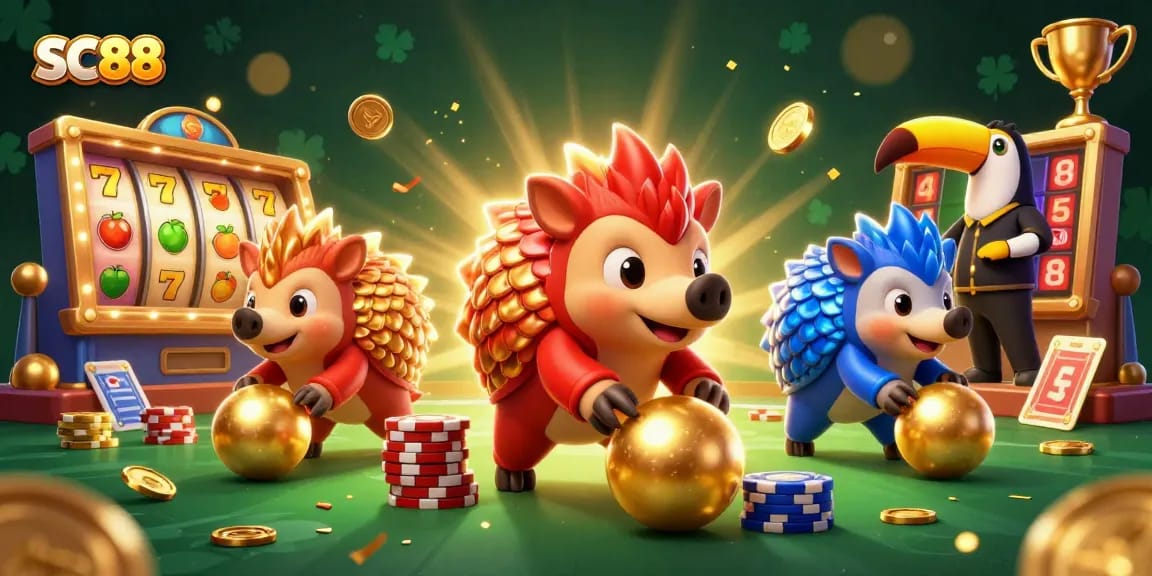 Spin the reels and win with SC88 as pangolins roll in a vibrant casino scene.