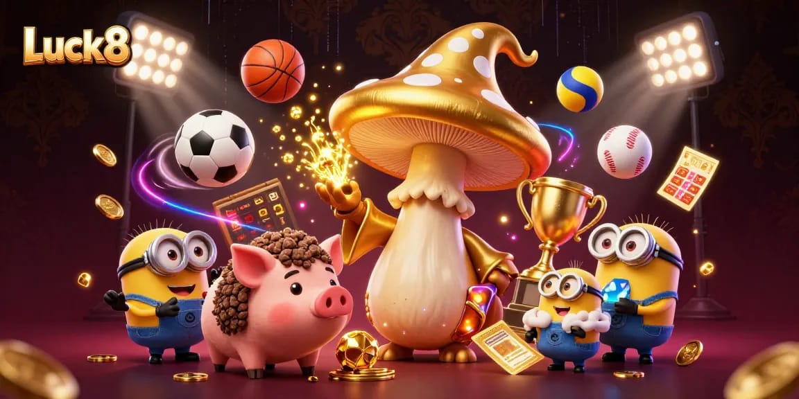 Luck8 brings golden magic to gaming with an illustrated wizard and treasure-hunting pig in a rich casino scene.