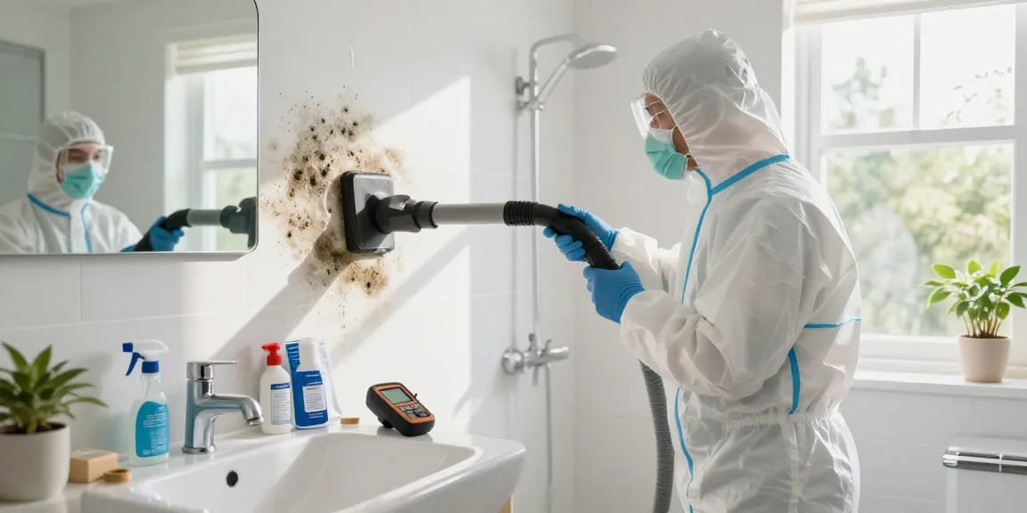 Mold Remediation Vancouver expert removing mold in a clean bathroom with professional tools and sunlight.
