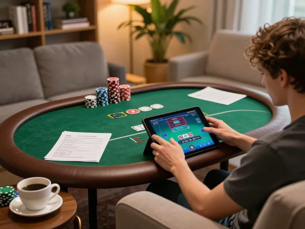 Player enjoying online gambling experience at home with bj88bj in focus on tablet interface.