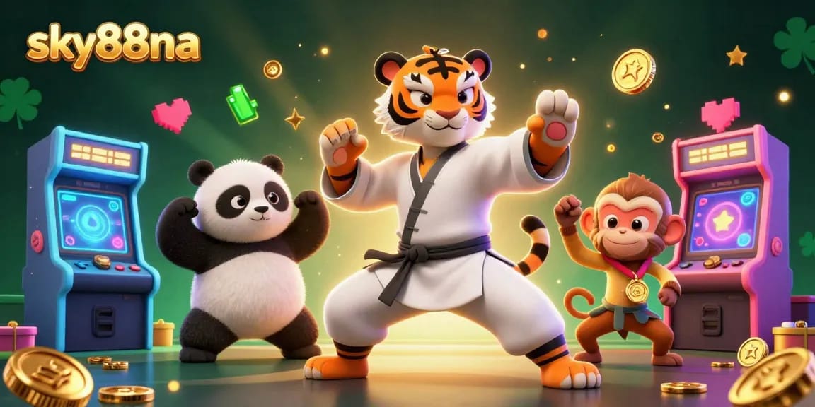 Engage in thrilling action at sky88na with a kung fu master and playful characters amidst vibrant gaming elements.