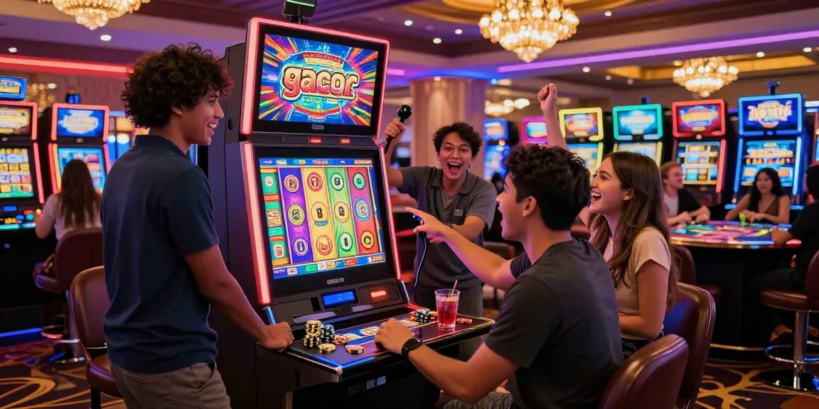 Friends celebrating a win at slot gacor machine in a lively casino scene.