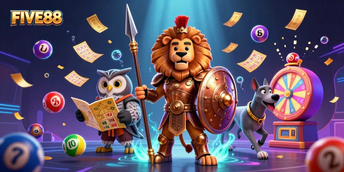 Experience dynamic gaming action with FIVE88, showcasing vibrant lottery balls and casino excitement.