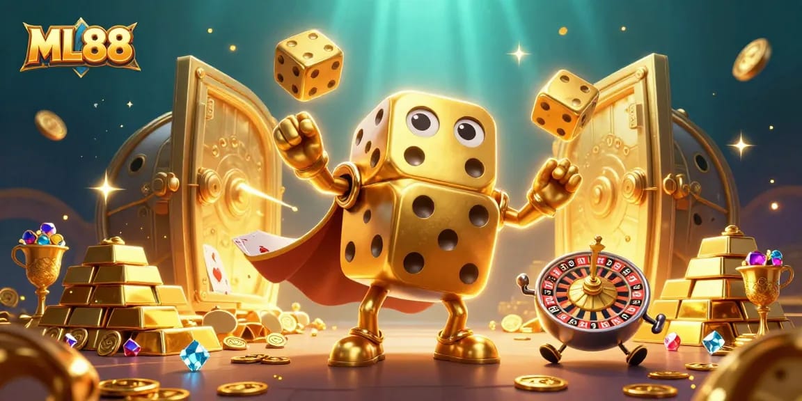 Engage with ML88's thrilling gaming world via a vibrant scene of golden dice and riches.