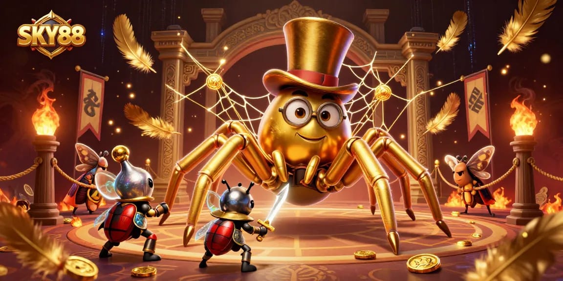 Experience exciting gameplay at SKY88 with a giant tarantula and beetle knight amidst vibrant casino elements.