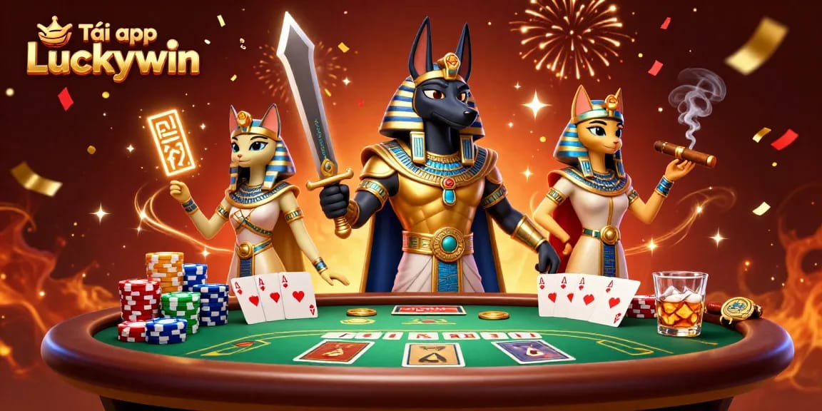 Tải app Luckywin for exciting casino experiences with Anubis and Bastet surrounded by vibrant poker elements.