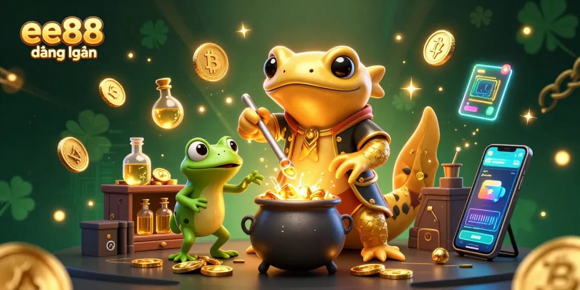 Experience ee88 đăng nhập with a vibrant and detailed 3D illustration showcasing gambling excitement and crypto elements