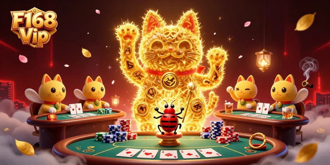 Experience the vibrant world of F168 Vip with a dynamic illustration of lucky symbols and gaming excitement.