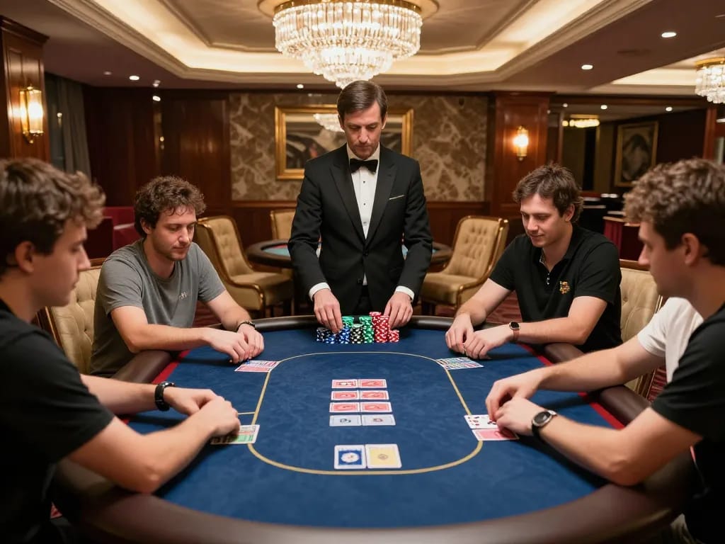 VK88 poker game in a luxurious casino, players engaged with colorful chips and cards.