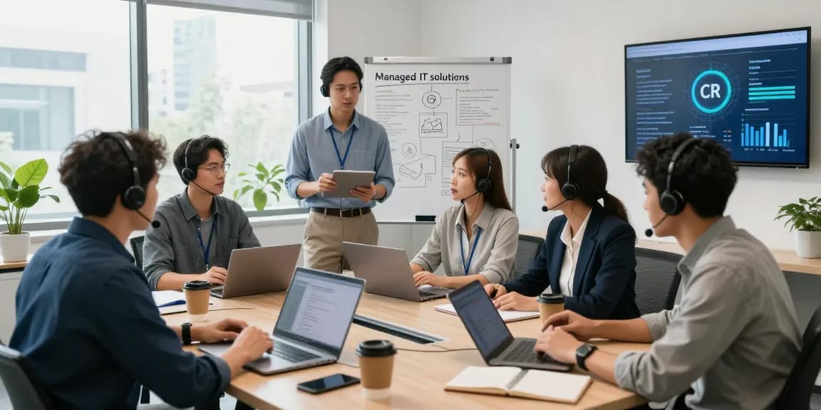 IT support team discussing MSP Markham solutions in a modern office.