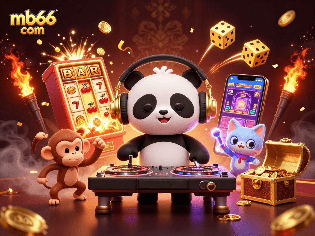 Experience big wins at mb66 com with vibrant casino-themed 3D illustration featuring DJ panda and lucky symbols.