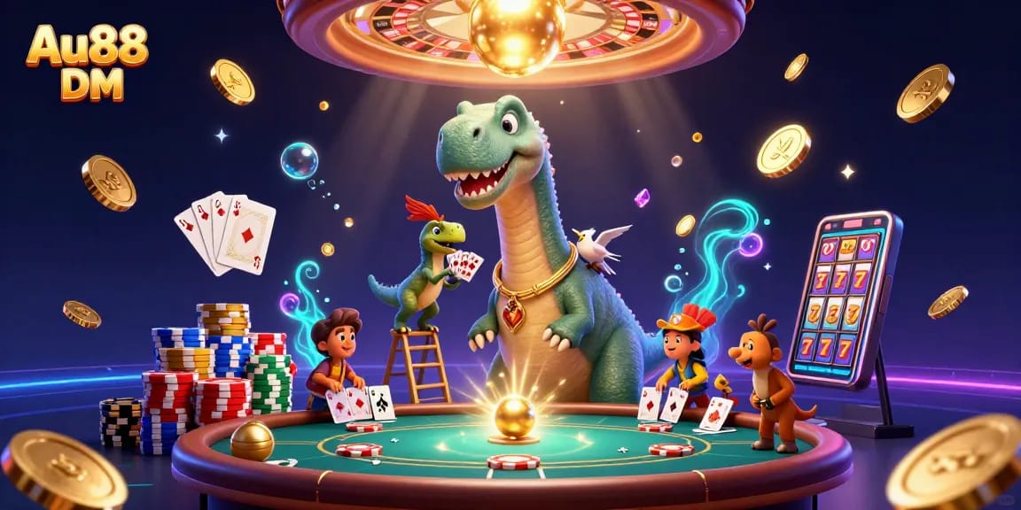 Experience the thrill of gaming at Au88 DM with a vibrant casino scene illustrated in 3D.