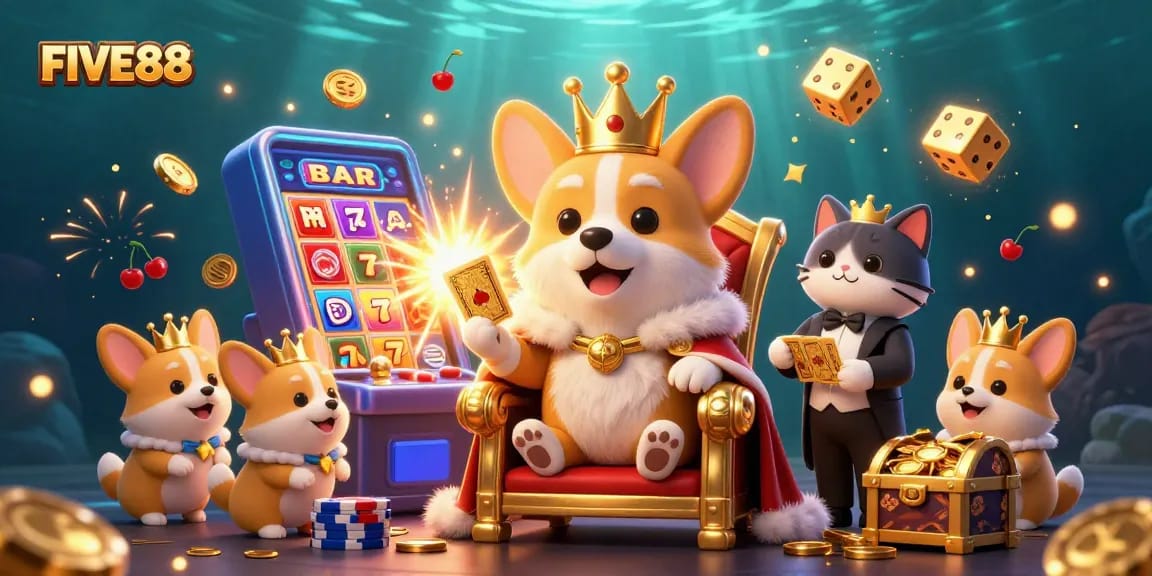 Join the fun at FIVE88 with a royal corgi surrounded by casino excitement and winnings.