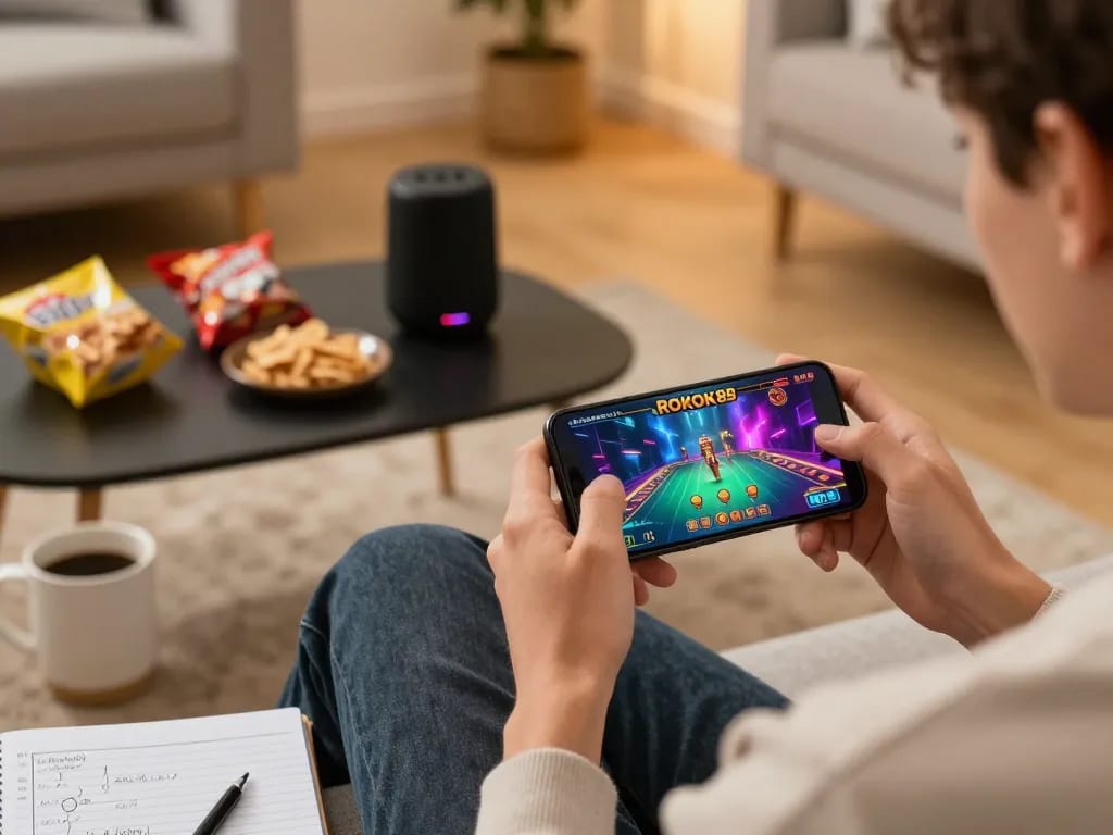 Pemain terlibat dalam permainan mobile ROKOK88 di smartphone, menampilkan pengaturan permainan yang dinamis dengan camilan.