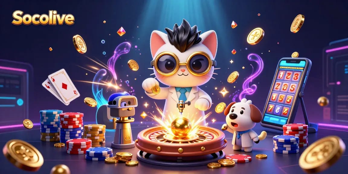 Socolive showcases an immersive 3D illustration of a mad scientist cat and assistant enjoying a vibrant gaming world filled with gold coins and vibrant casino elements.