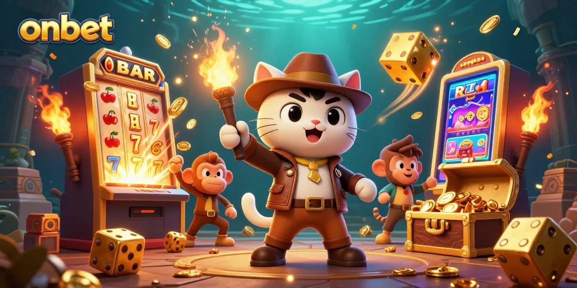 Bet at onbet with a stunning treasure hunt scene featuring dynamic casino elements.